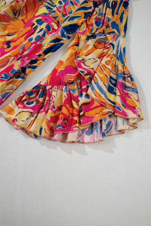 Printed Flare Sleeve Ruffled Hem Dress - felvior