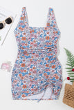 Drawstring Printed Wide Strap Swim Dress - felvior
