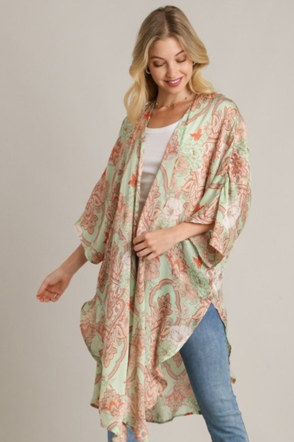 Umgee Full Size Mixed Print Open Front Kimono with Ruffle Sleeves Plus Size