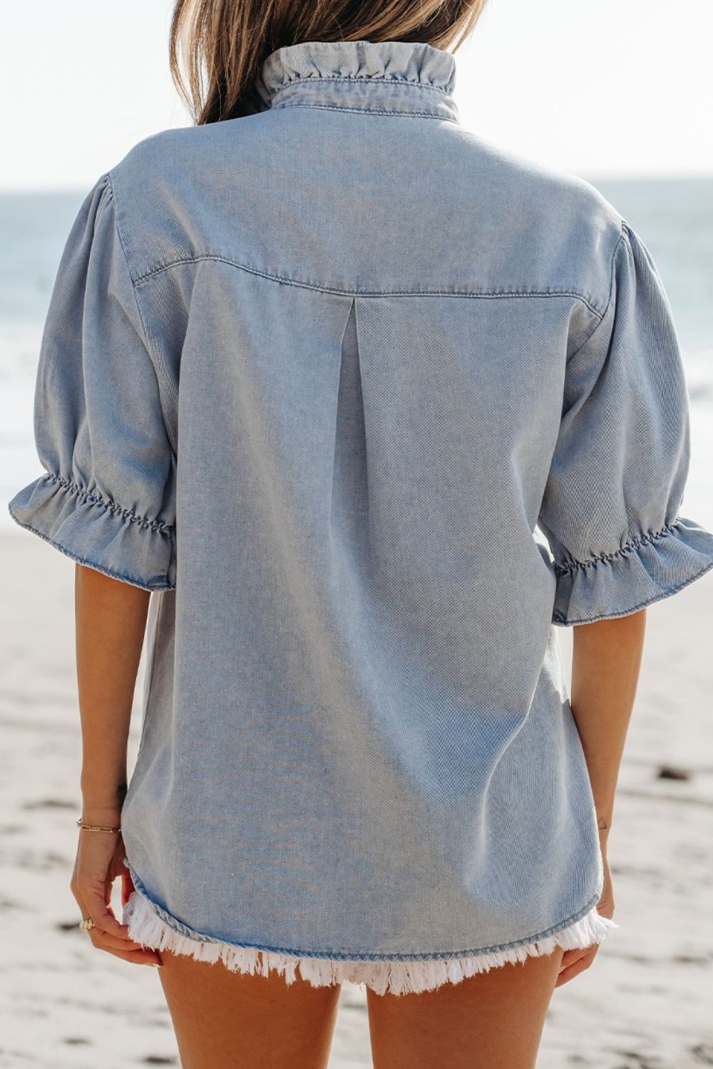 Ruffle Short Puff Sleeve Button Down Denim Shirt - felvior