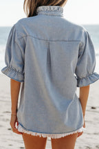 Ruffle Short Puff Sleeve Button Down Denim Shirt