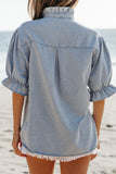 Ruffle Short Puff Sleeve Button Down Denim Shirt - felvior