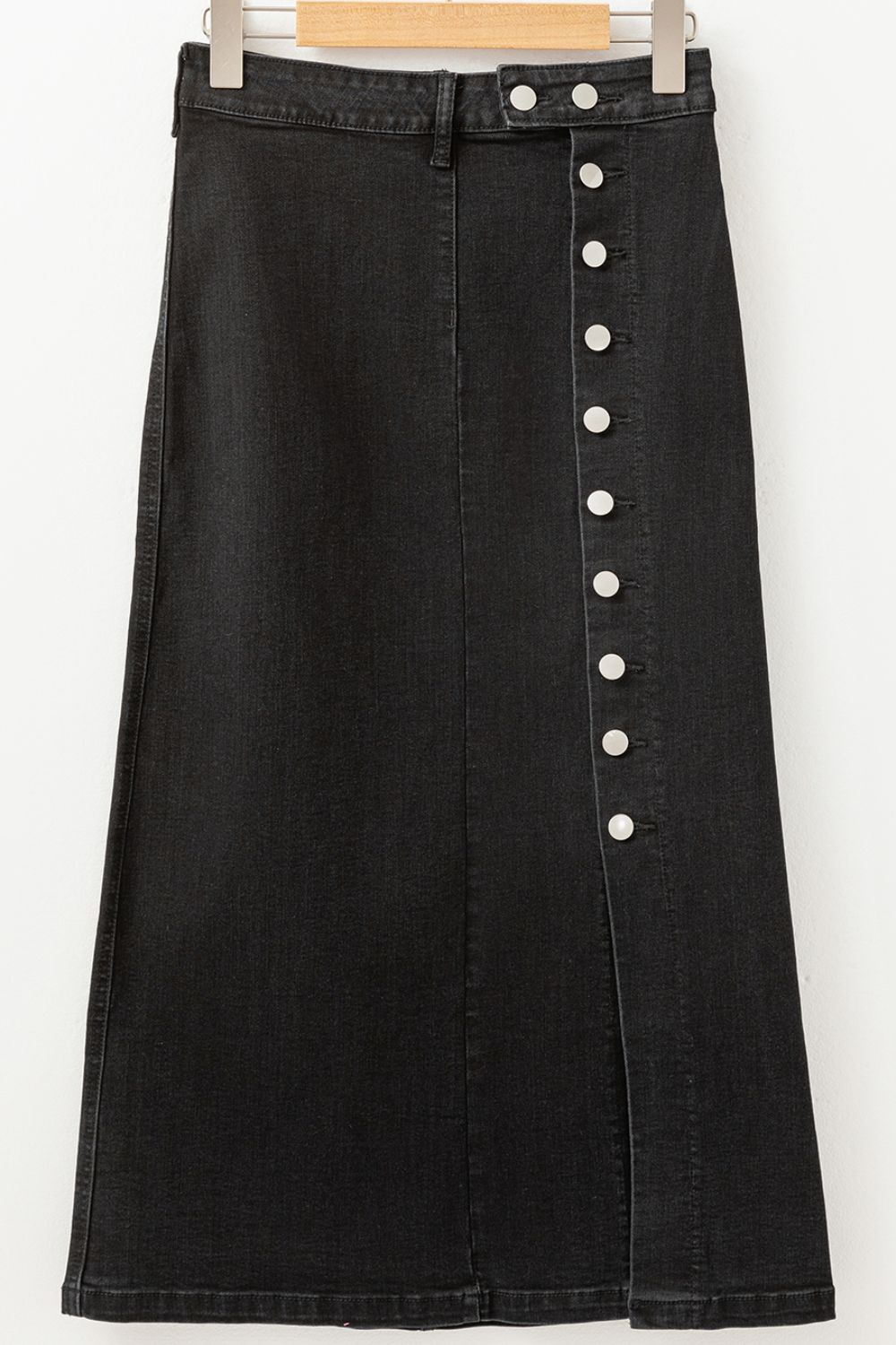Button Fly Side Split Denim Midi Skirt