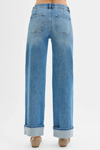 RISEN Full Size Elastic Band Mid Rise Wide Front Patch Pocket Cuff Jeans Plus Size