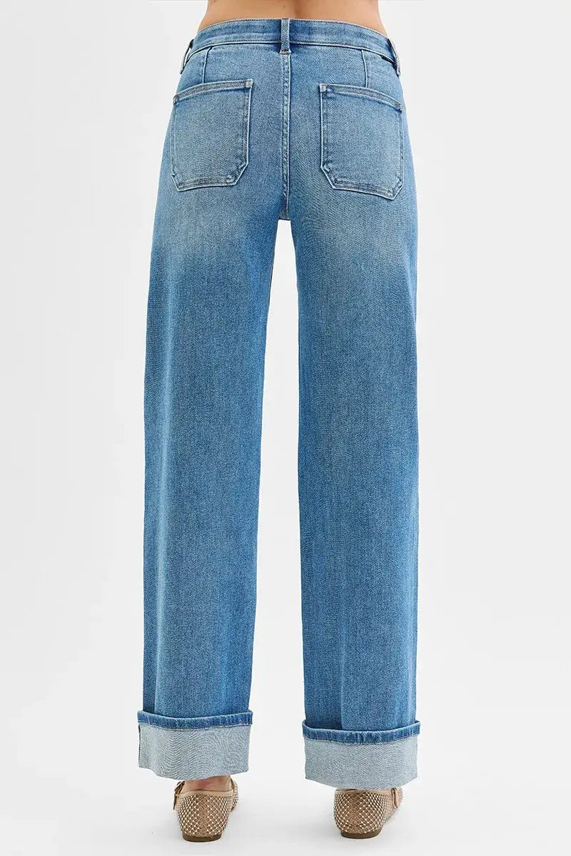 RISEN Full Size Elastic Band Mid Rise Wide Front Patch Pocket Cuff Jeans Plus Size