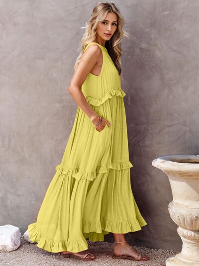 Ruffled Sleeveless Tiered Maxi Dress with Pockets - felvior