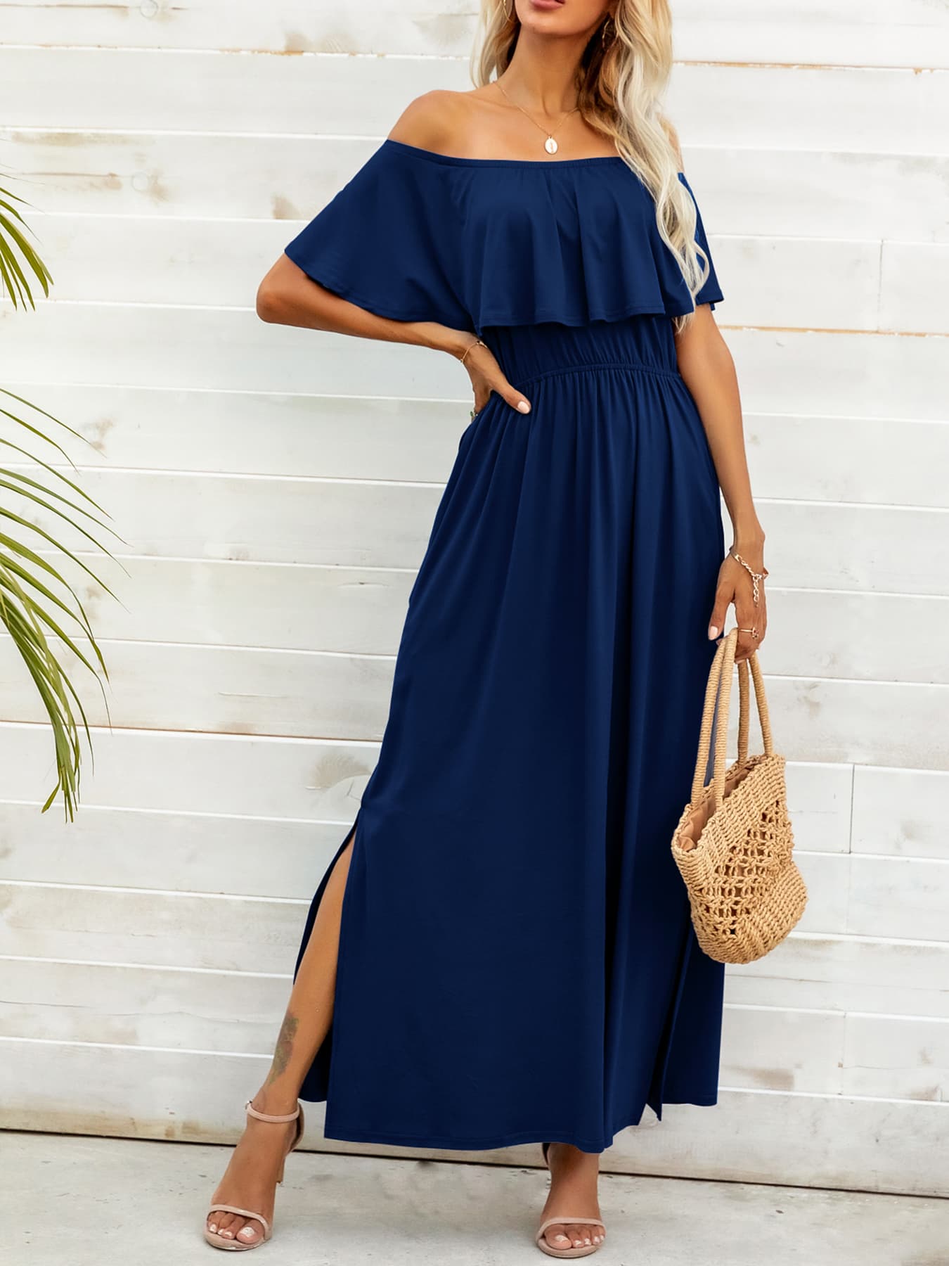 Off-Shoulder Slit Maxi Dress - felvior