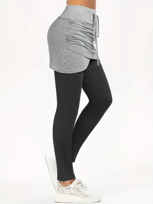 Drawstring Fake Two Pieces Active Leggings with Ruched Skirt - felvior