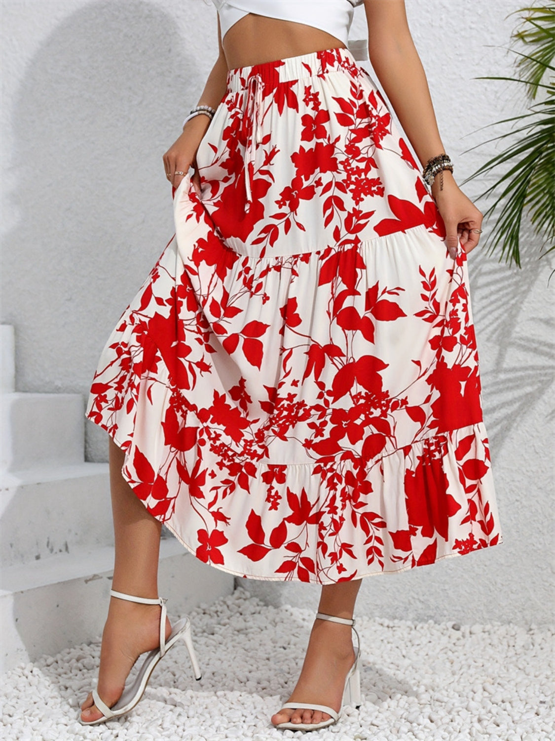Ruffled Hem Printed Midi Skirt - felvior