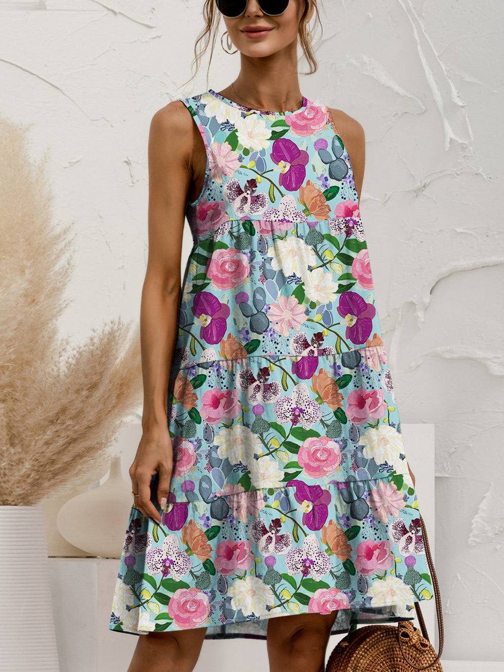 FAM-FAM Printed Round Neck Sleeveless Tiered Dress - felvior