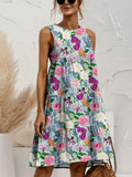 FAM-FAM Printed Round Neck Sleeveless Tiered Dress - felvior