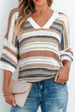 Striped Hollow Out Half Sleeve Knit Top - felvior