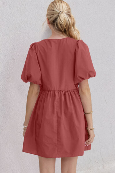 Oh Bow Ruched Puff Sleeve Mini Dress - felvior