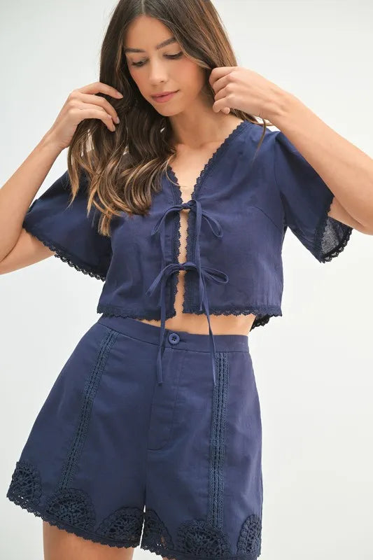MABLE Crochet Lace Detail Crop Top and Shorts Set - felvior