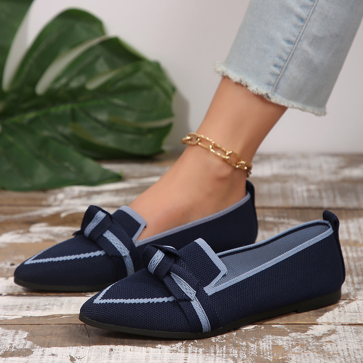Bow Contrast Trim Point Toe Loafers - felvior