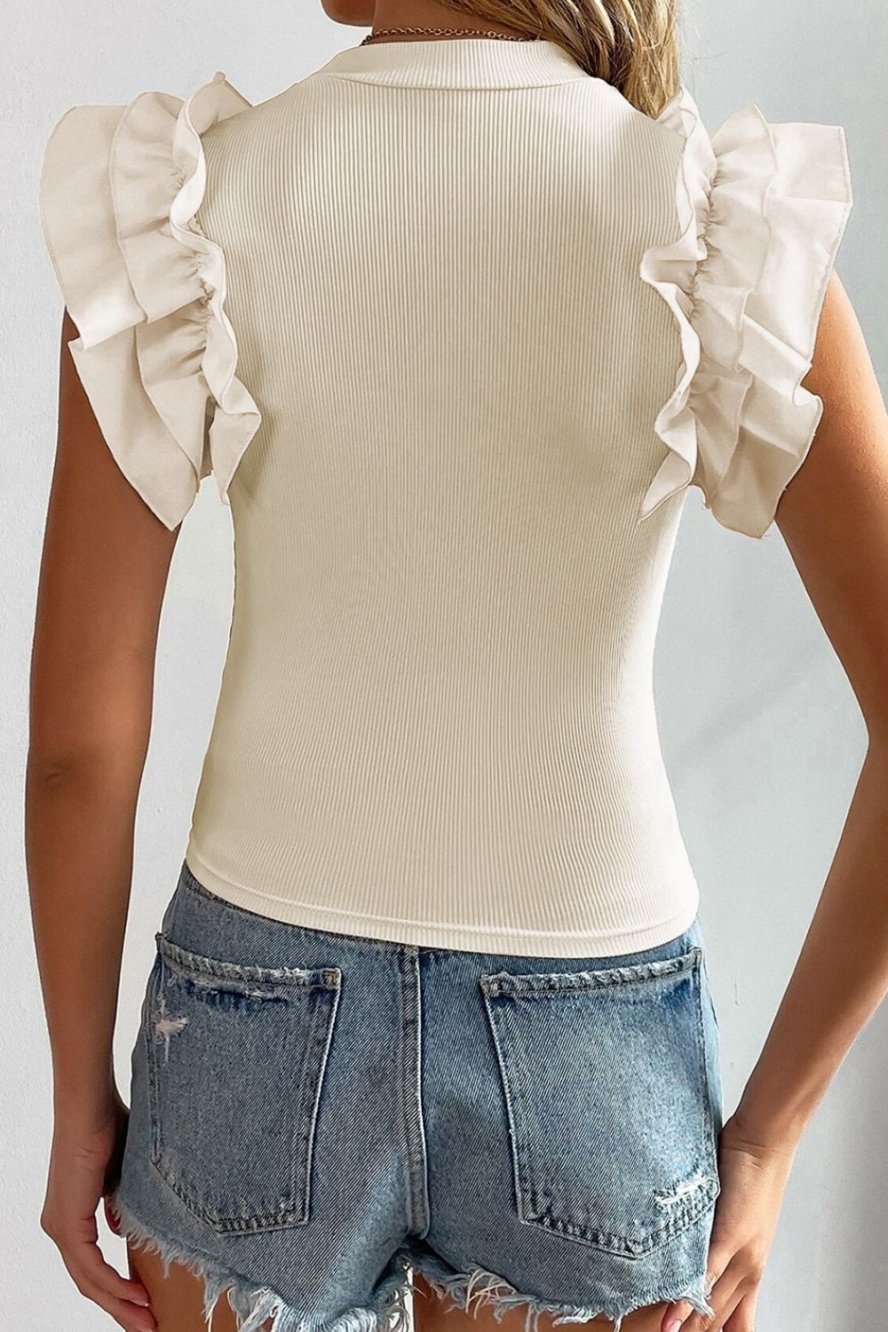 Ruffle Flutter Sleeve Mock Neck Ribbed Top