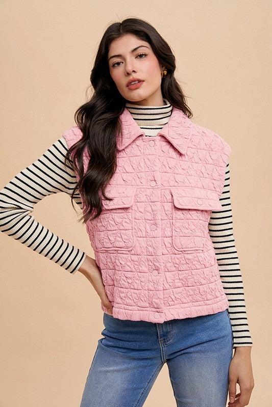 Annie Wear Texture Quilted Snap Down Vest Coat - felvior