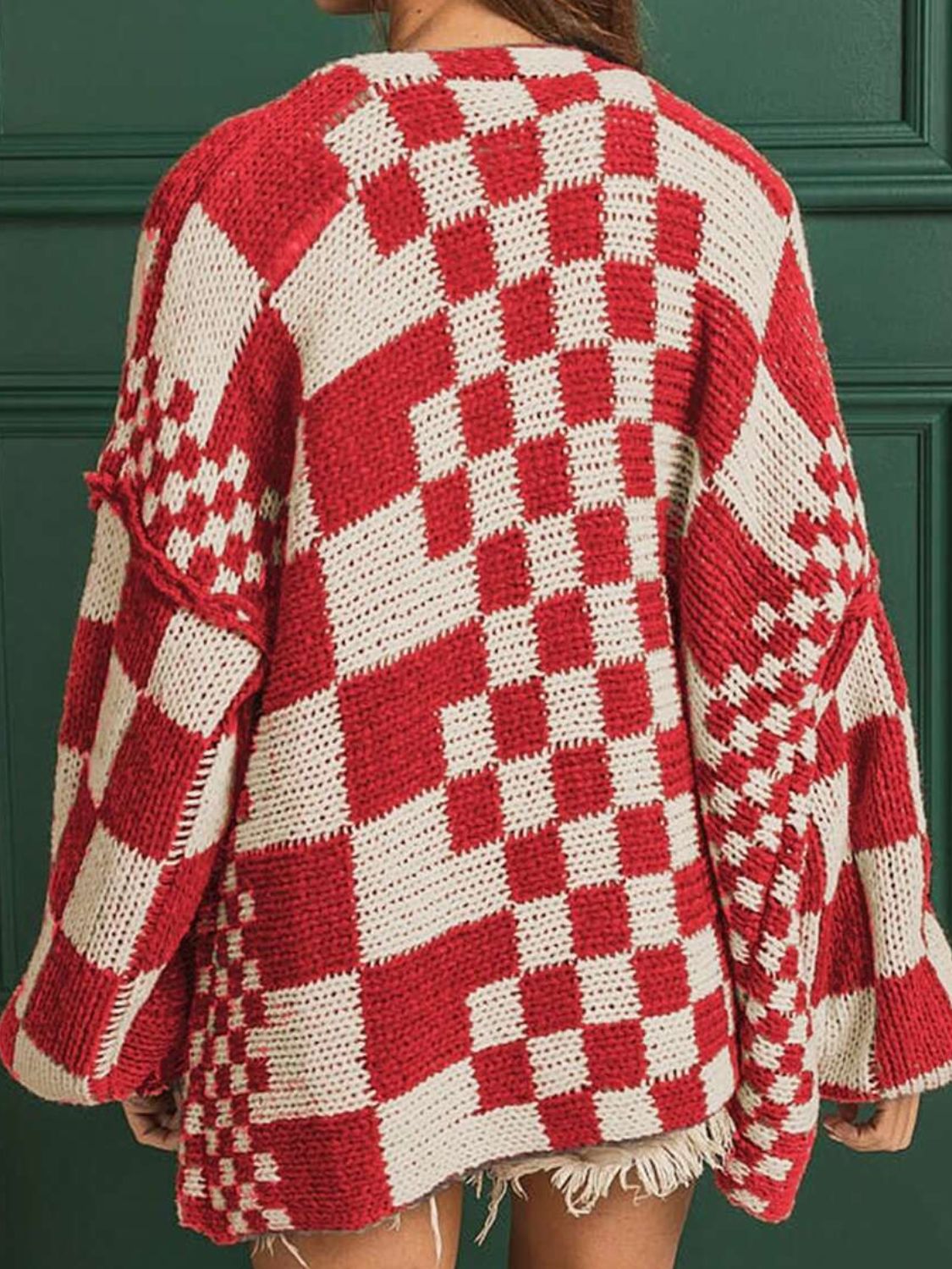 Checkered Open Front Long Sleeve Cardigan - felvior