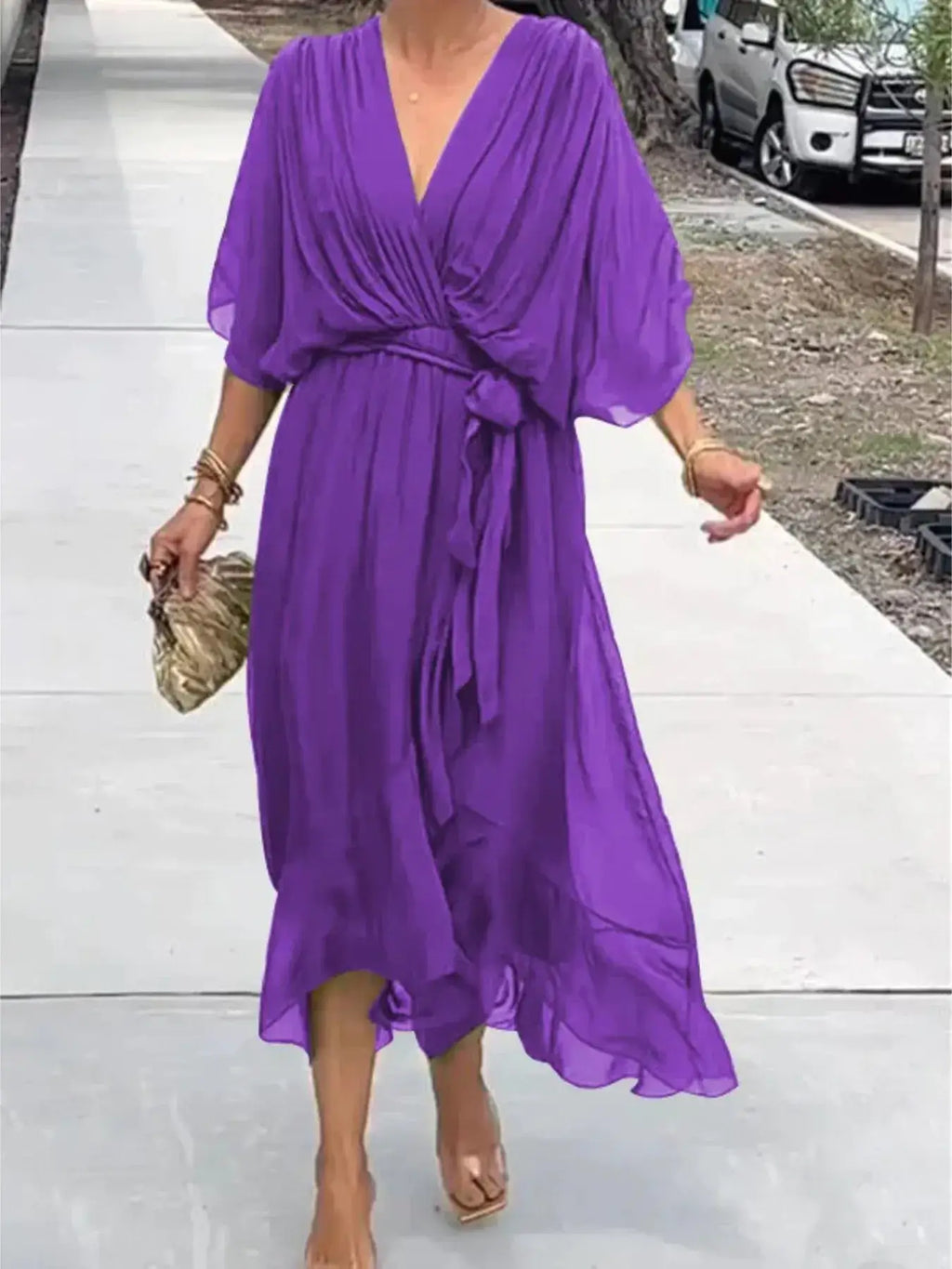 Full Size Flowy Tie Front Midi Dress with Flutter Sleeves Plus Size