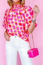 Abstract Print Button Back Ruffed Mock Neck Blouse