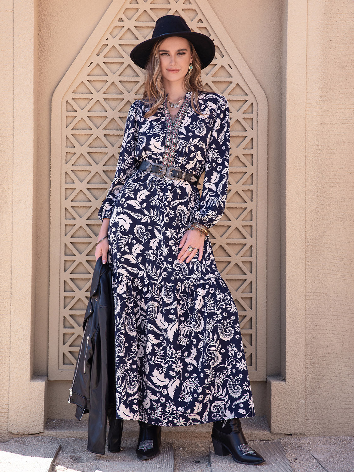 Printed Notched Neck Maxi Dress - felvior