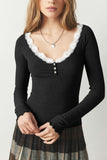 Lace Detail Scoop Neck Long Sleeve Top - felvior