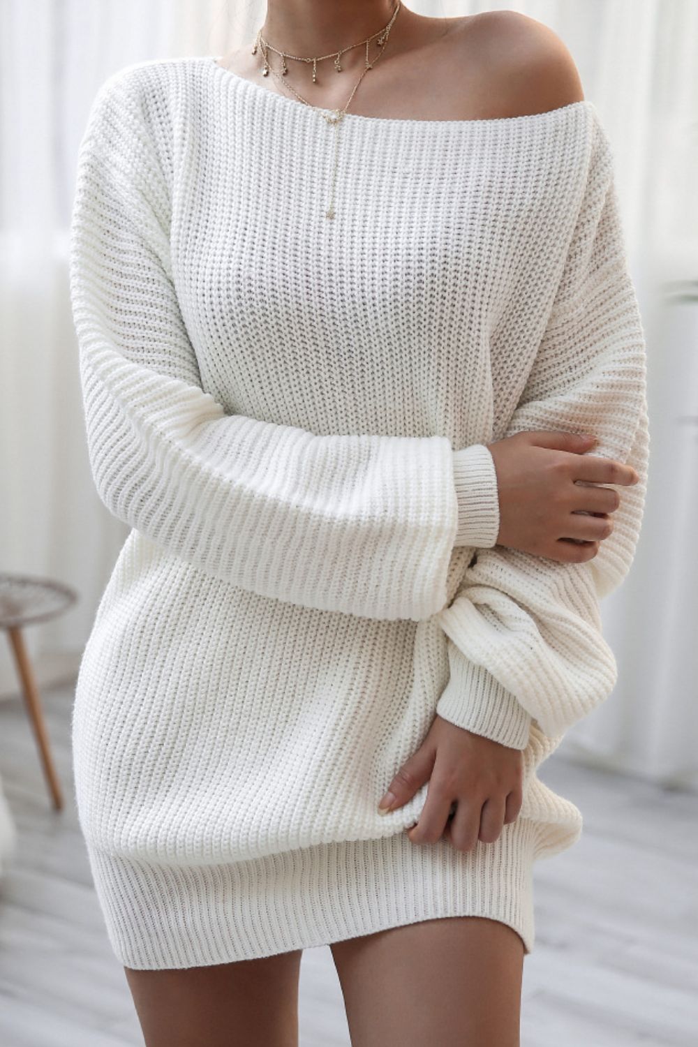 Boat Neck Long Sleeve Mini Sweater Dress - felvior