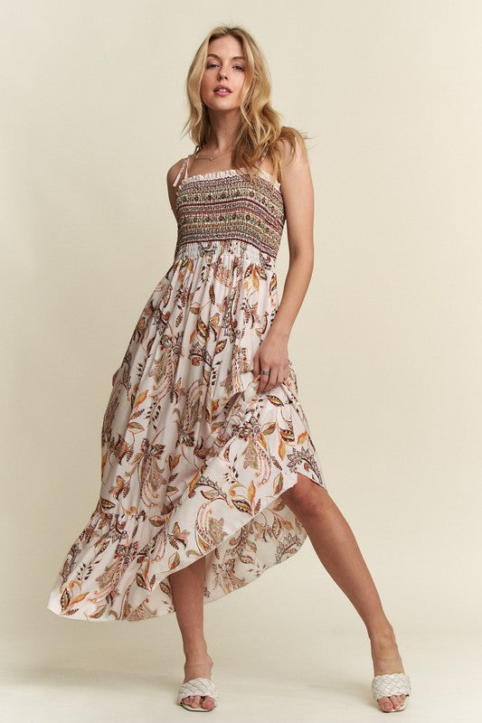 ADORA Smocked Printed Square Neck Tie Shoulder Cami Dress - felvior
