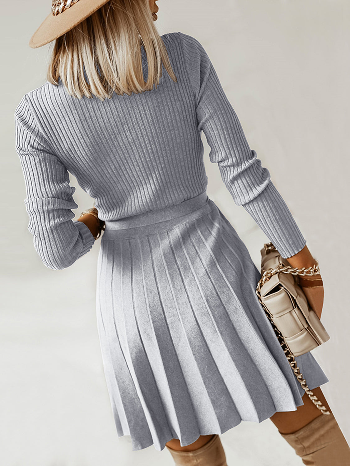 Surplice Neck Tie Front Pleated Sweater Dress - felvior