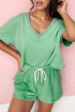 V-Neck Short Sleeve Loose Top and Drawstring Shorts Set - felvior