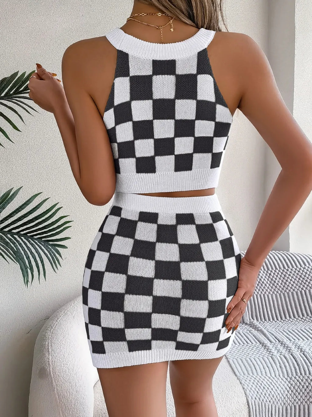 Checkered Grecian Neck Cami and Skirt Sweater Set
