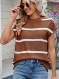Exposed seam Contrast Striped Round Neck Knit Top - felvior
