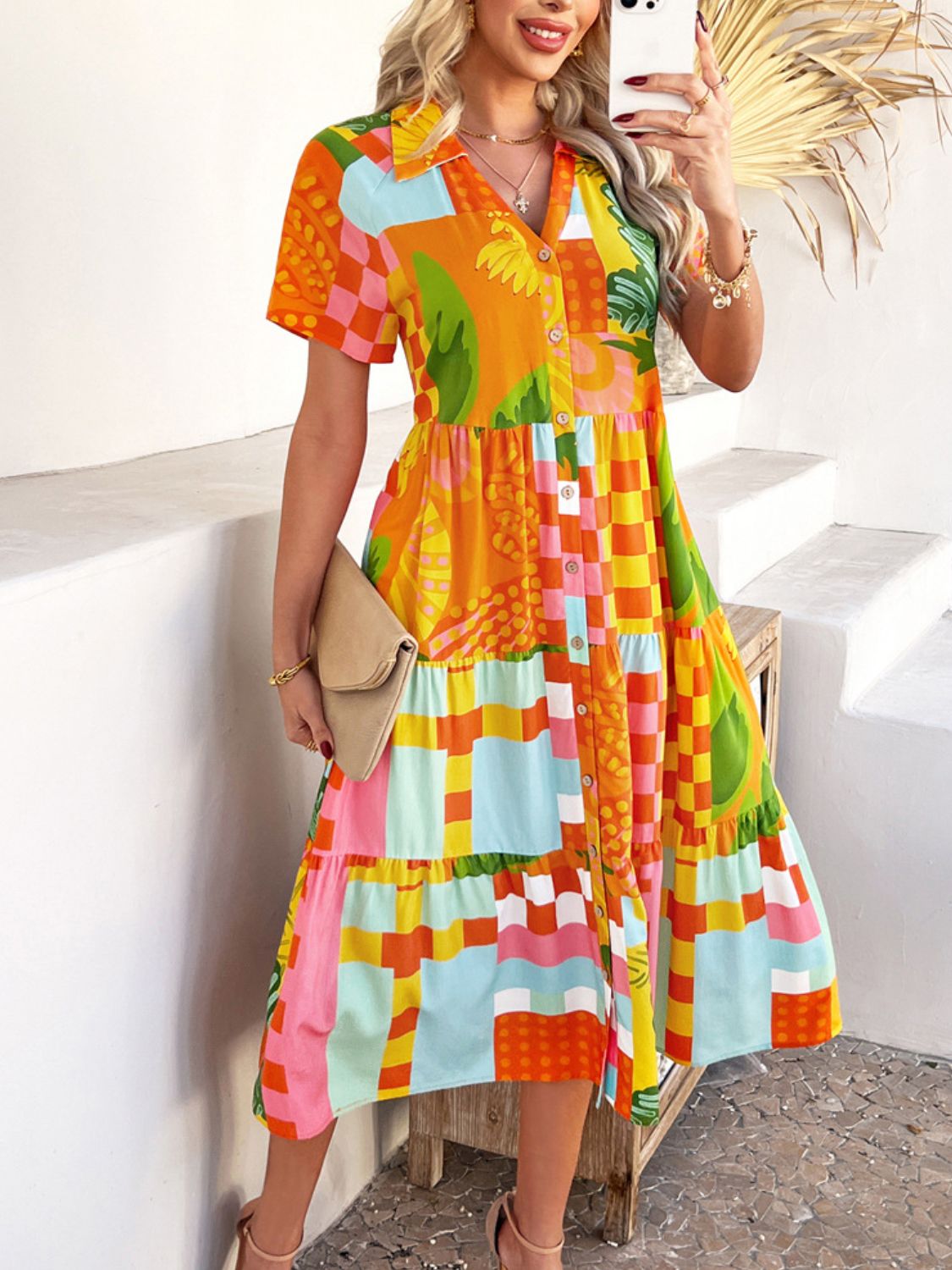 Devine Printed Johnny Collar Button Down Short Sleeve Midi Shirt Dress - felvior