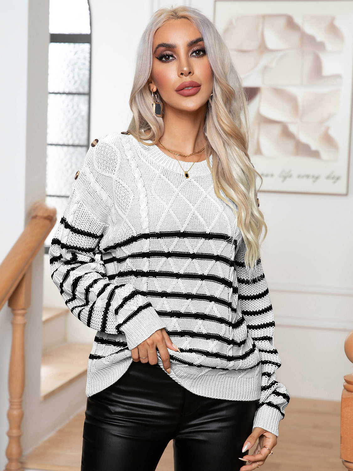 Striped Round Neck Cable-Knit Sweater - felvior