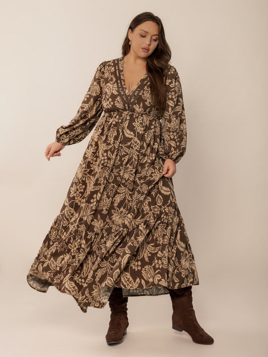 Plus Size Printed V-Neck Balloon Sleeve Maxi Dress - felvior