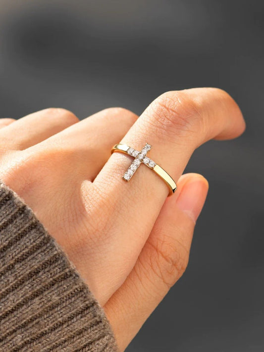 925 Sterling Silver Inlaid Zircon Cross Ring - felvior