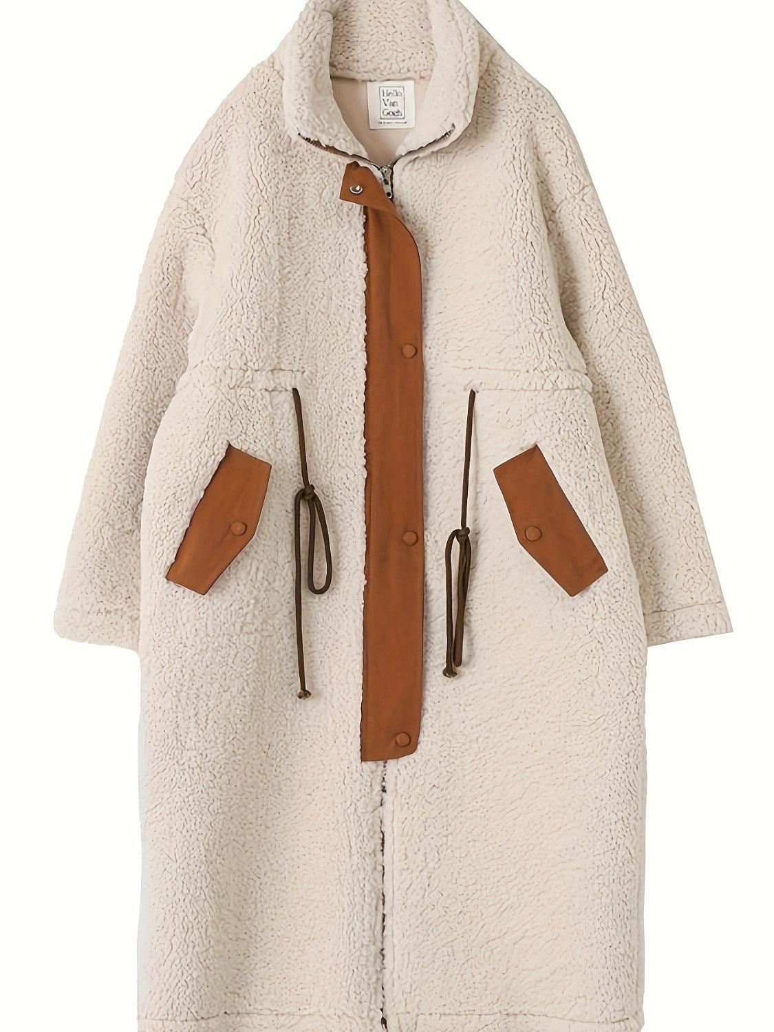 Plus Size Drawstring Zip Up Turtleneck Sherpa Coat - felvior