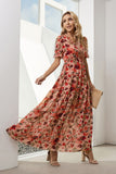 Floral V-Neck Short Flounce Sleeve Dress - felvior
