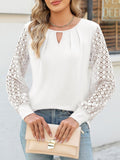 Cutout Round Neck Lace Long Sleeve Blouse - felvior