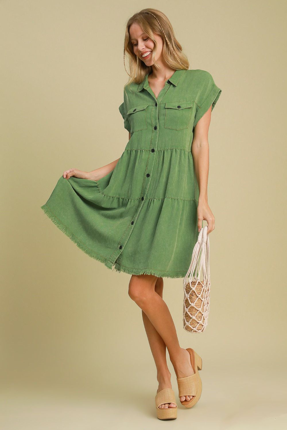 Umgee Full Size Frayed Hemline Button Down Shirt Dress Plus Size - felvior