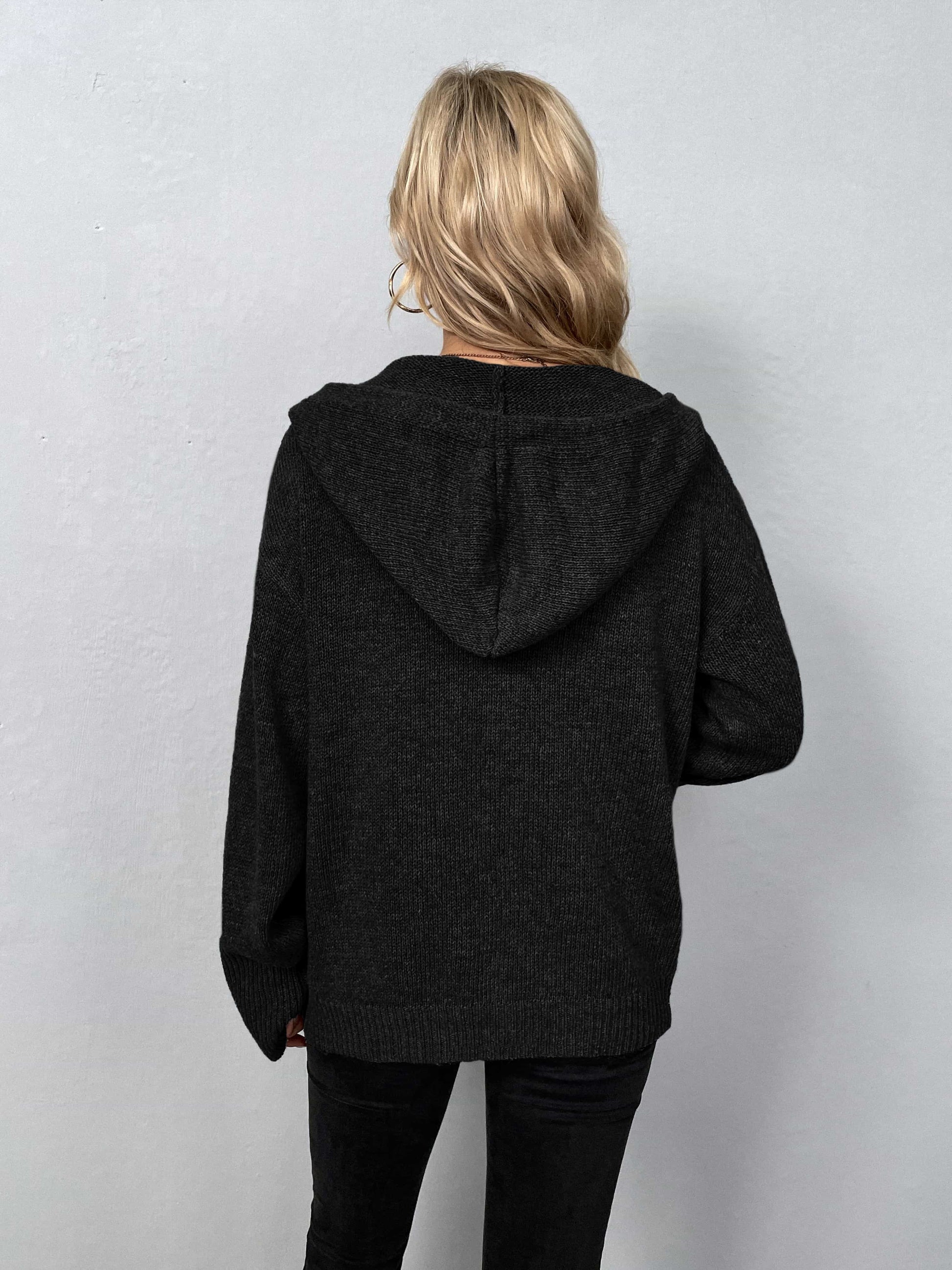 Button-Down Long Sleeve Hooded Sweater - felvior