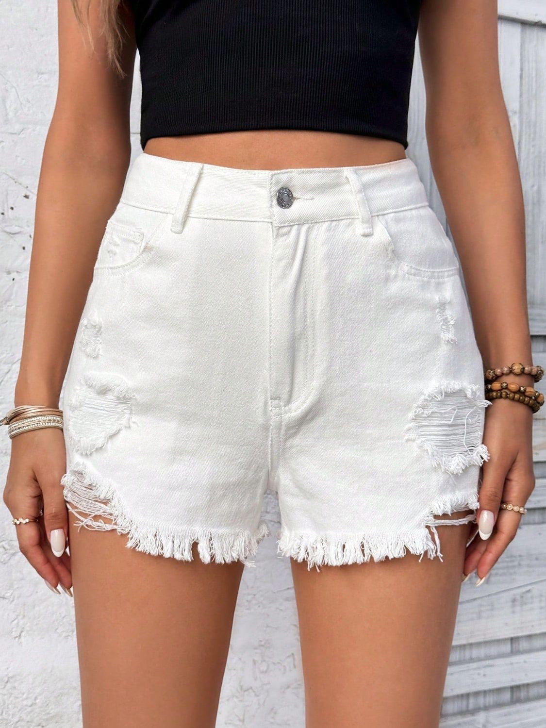 Distressed Raw Hem High Rise Denim Shorts - felvior