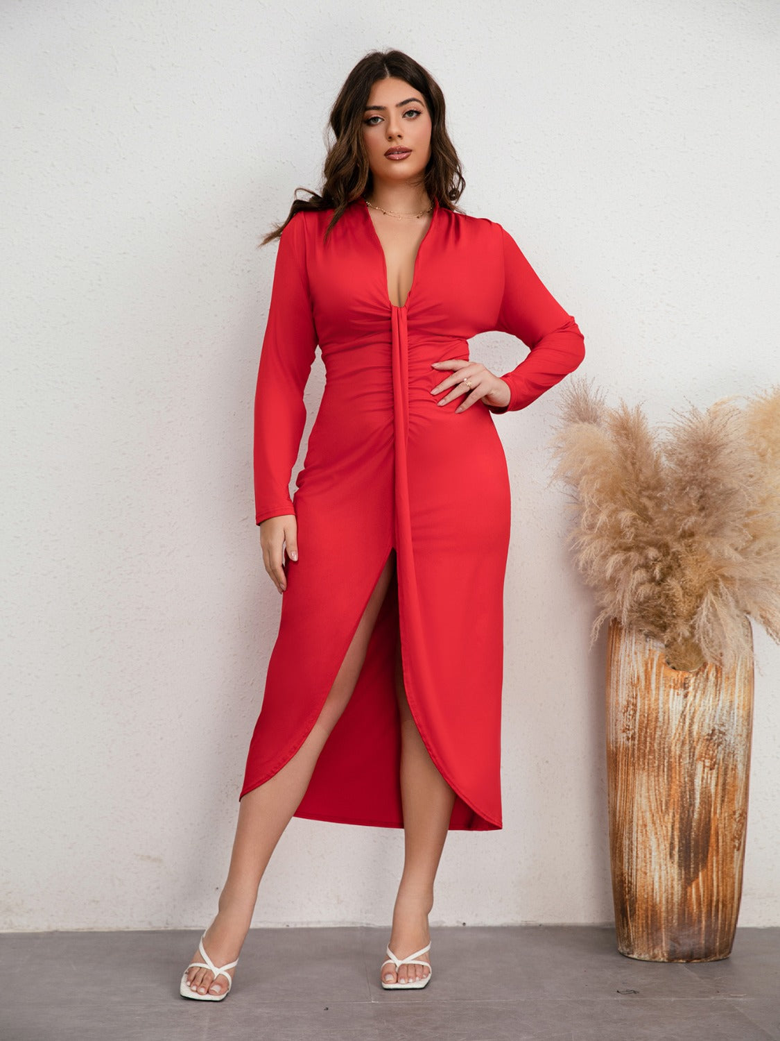 Plus Size Plunge Ruched Slit Dress - felvior