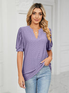 Florira Eyelet Notched Short Sleeve T-Shirt