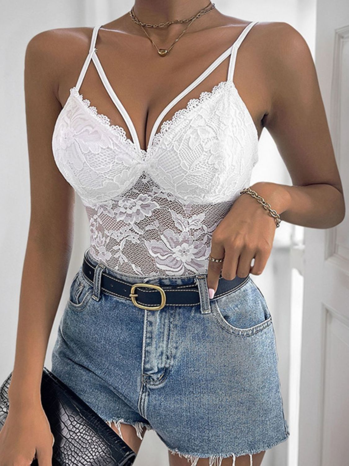 Perfee Spaghetti Strap Lace Bodysuit - felvior