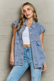 Collared Neck Sleeveless Denim Top with Pockets - felvior