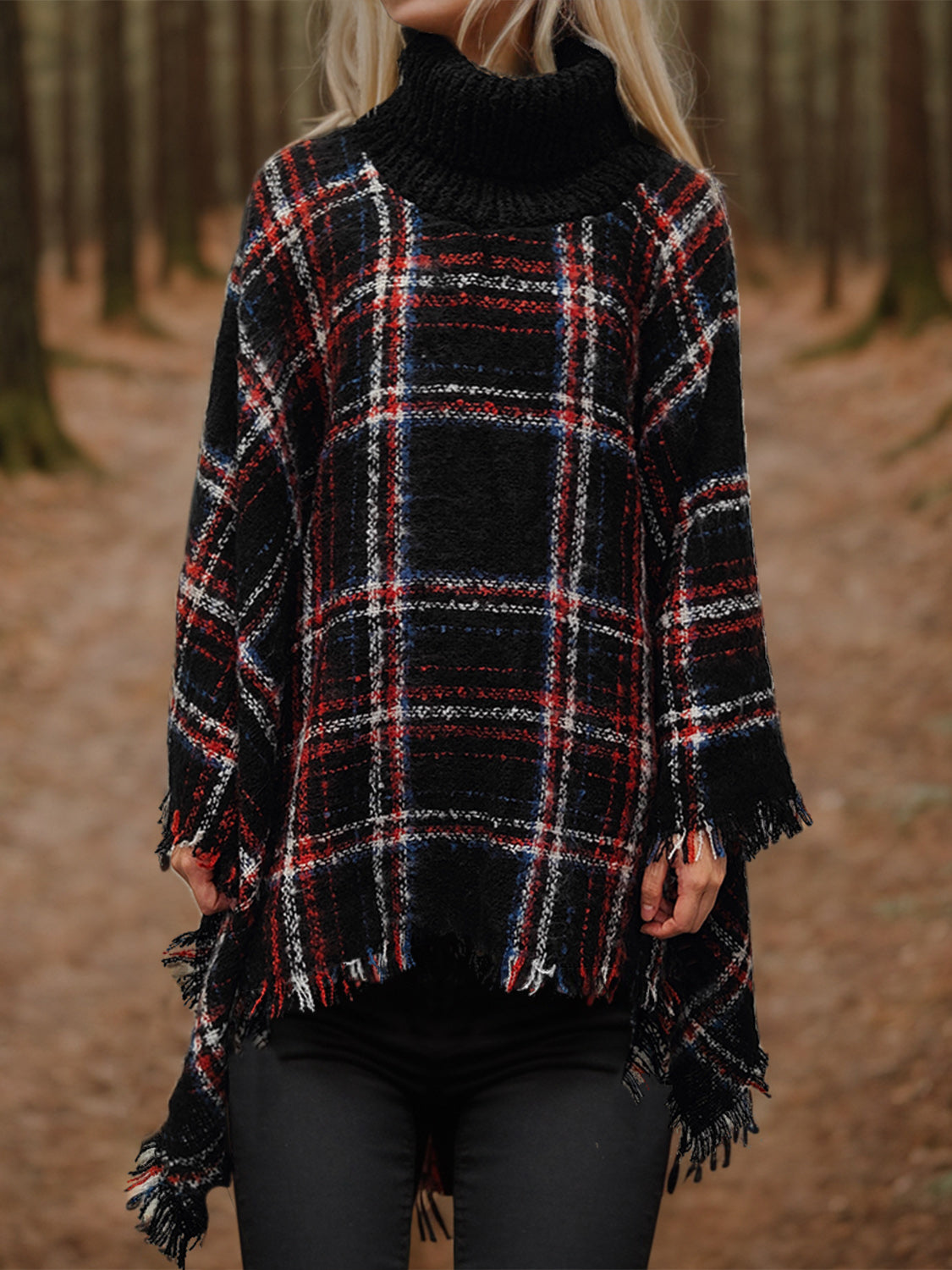 Shiny Turtleneck Plaid Raw Hem Sweater - felvior