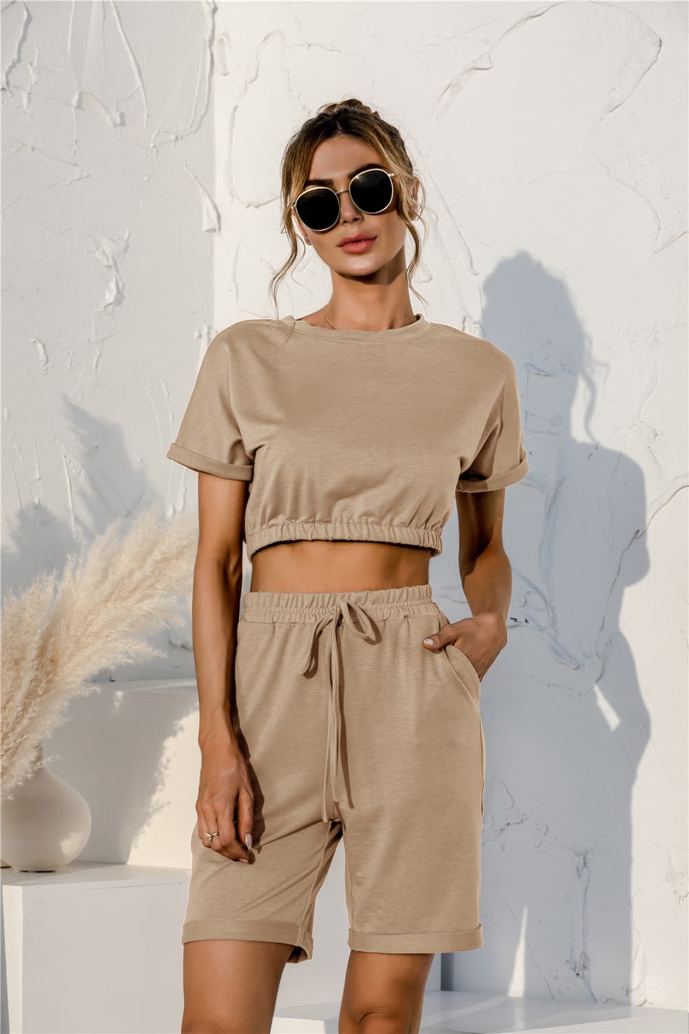 Short Sleeve Cropped Top and Drawstring Shorts Lounge Set - felvior