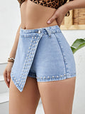Asymmetrical Studded Denim Shorts - felvior