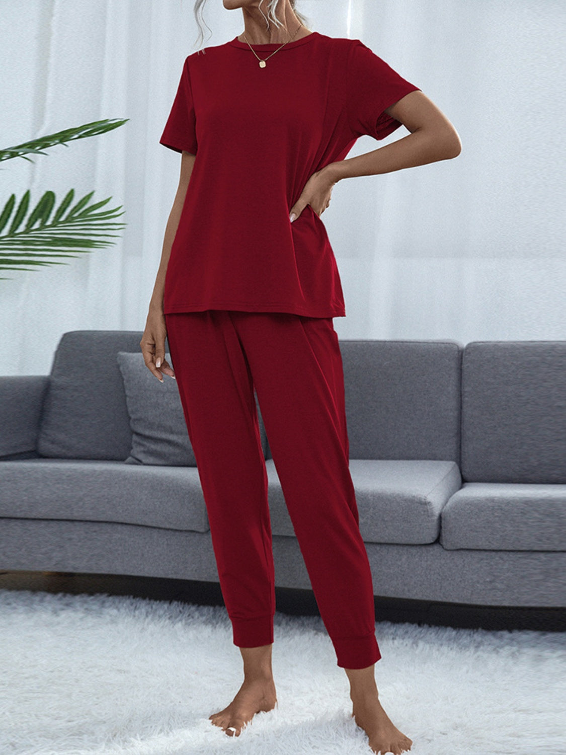 Shiny Round Neck Top and Pants Lounge Set - felvior
